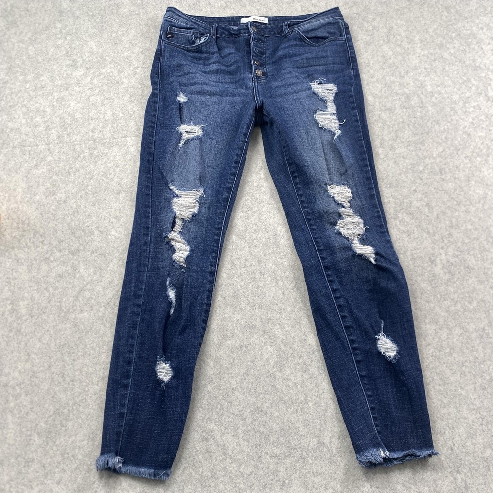 KanCan Skinny Jeans Juniors 15/31 (32x28) Blue High Rise Distressed Frayed Hem